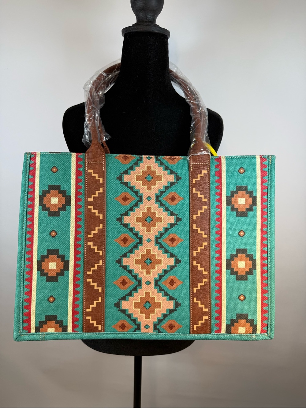 NWT Wrangler Aztec Western Canvas Tote Bag Turquoise Brown Southwestern Purse - Picture 5 of 9